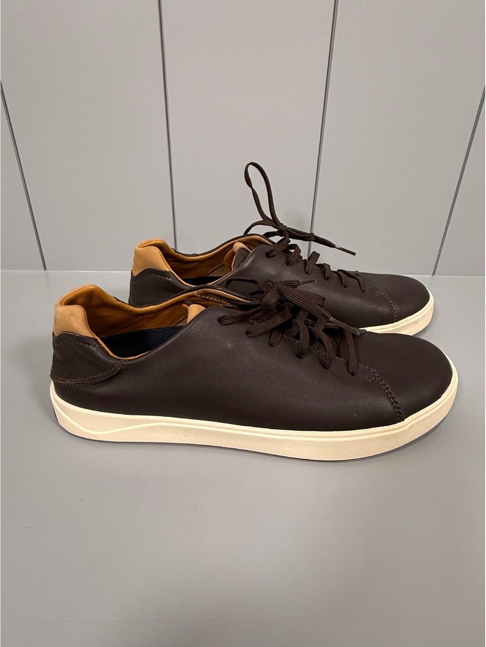 OluKai WalkHero Men's Brown Leather Casual Sneakers with Tan Accents